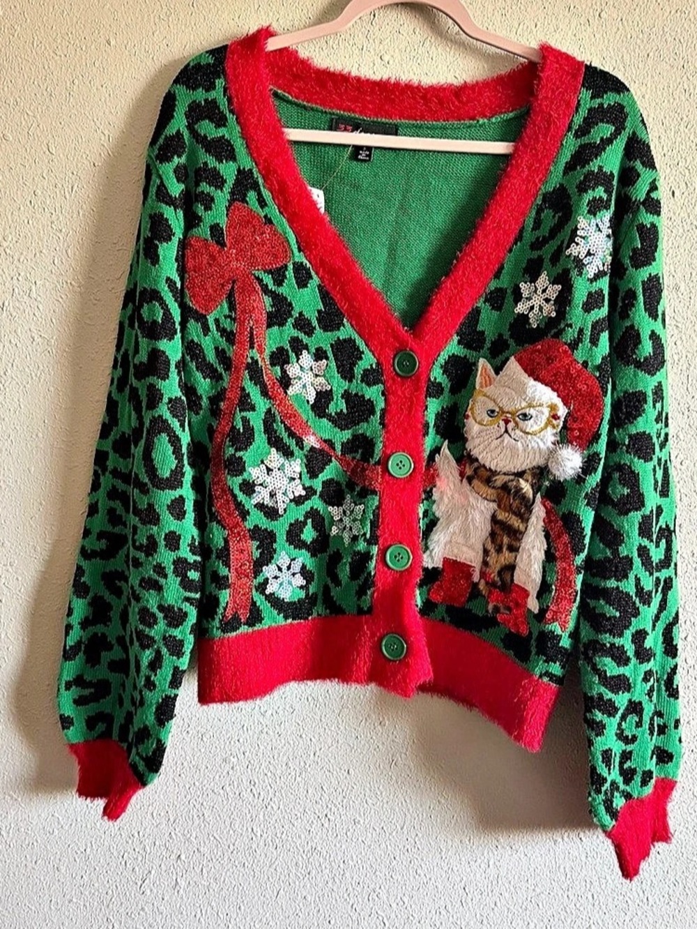 33 degrees Christmas Cat Cardigan Green & Red Small